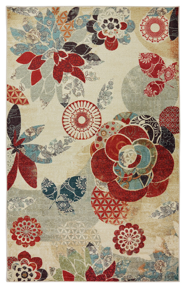 Example of a 8 foot long, 5 foot wide, 5 x 8 and.25 to.5 inch pile trendy synthetic rectangular and nature / floral print machine-made living room rug design