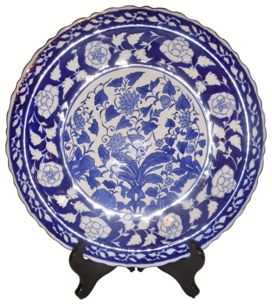 14" Blue and White Oriental Painted Floral Plate With Stand Asian
