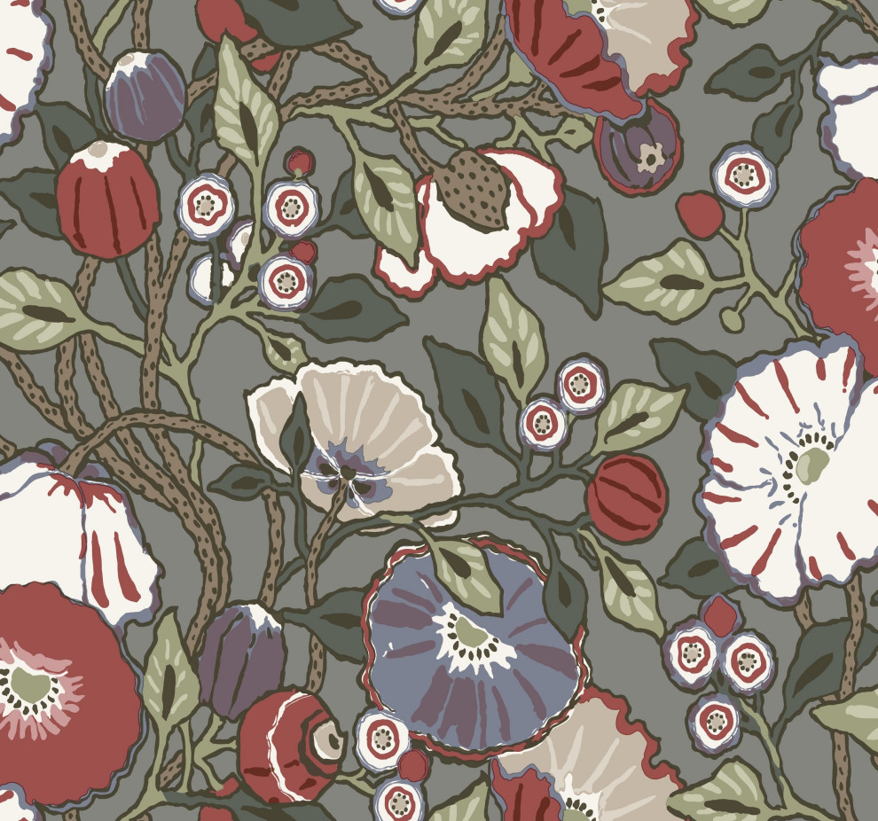 York Wallcoverings CY1518 Vincent Poppies Wallpaper Charcoal