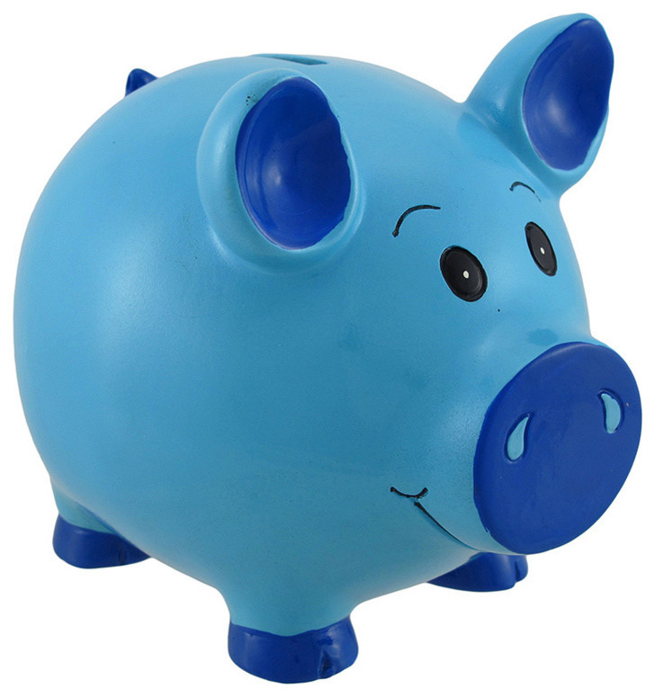 Sky Blue Piggy Bank with Royal Blue Accents Coin Bank 6 In.