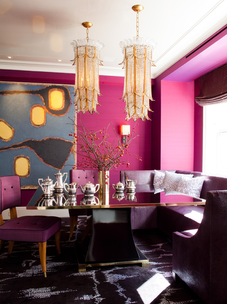Photo of a contemporary dining room in New York with pink walls and carpet.