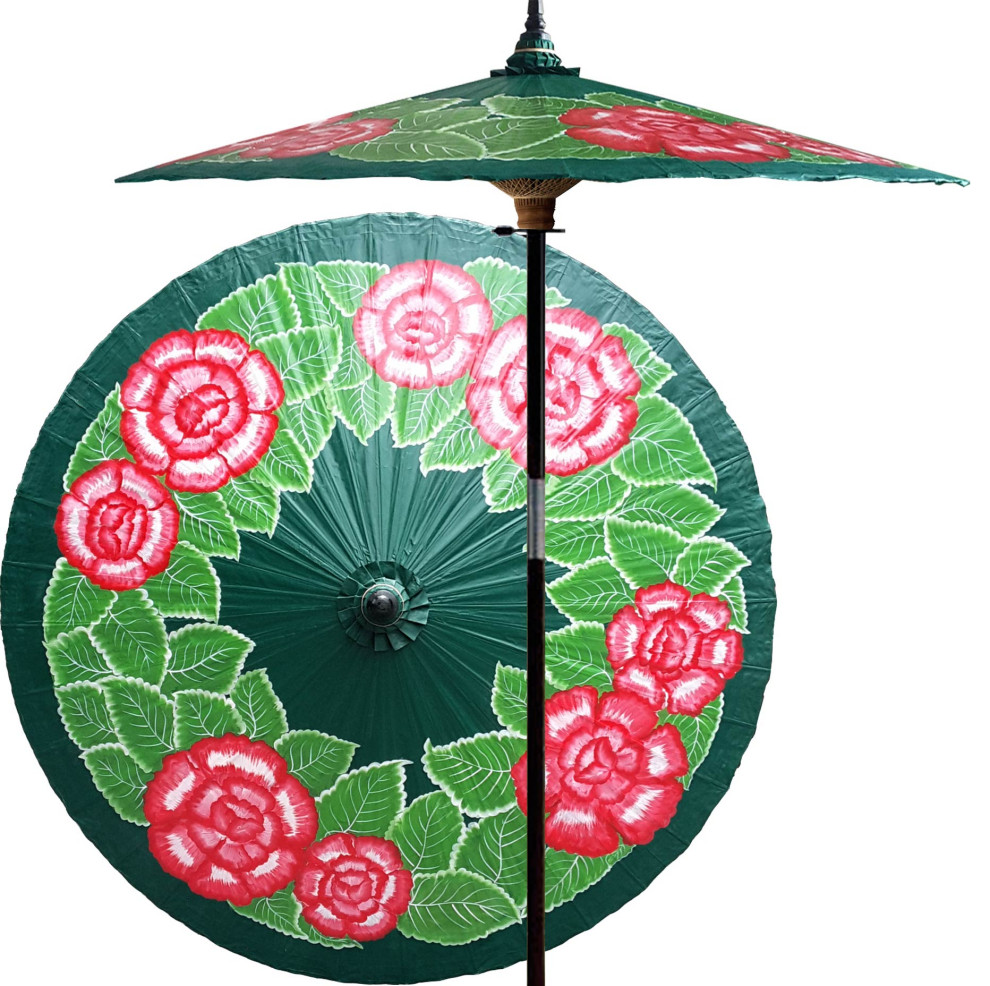 Summer Roses Forest Green Outdoor Patio Umbrella Asian Outdoor Umbrellas By Oriental Decor