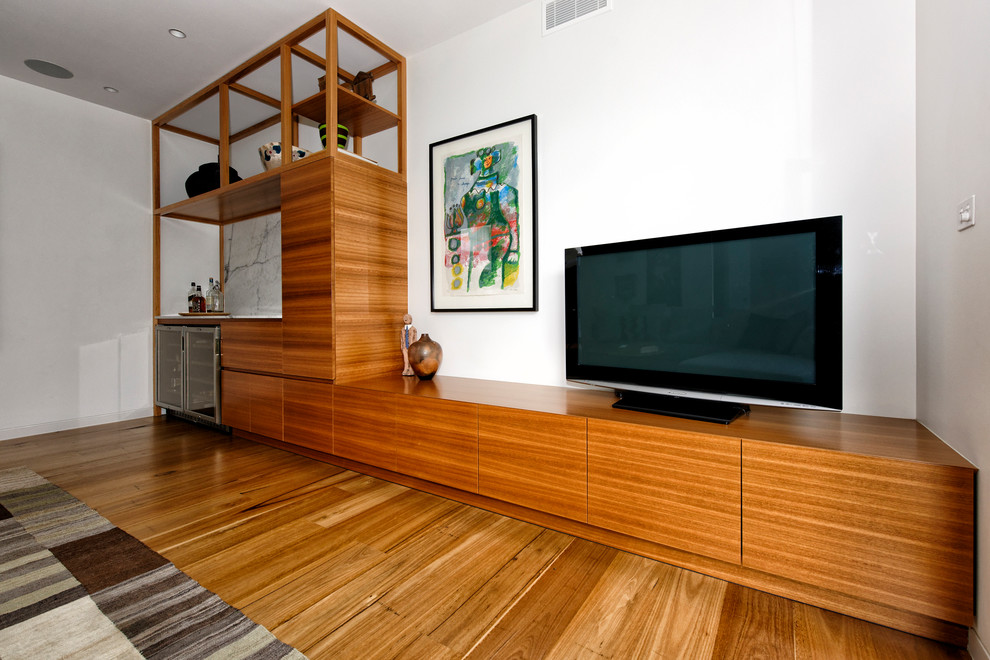 Mid-sized contemporary single-wall wet bar in Melbourne with an undermount sink, medium wood cabinets, marble benchtops, multi-coloured splashback and marble splashback.