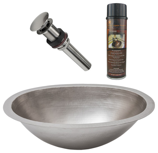 19" Oval Under Counter Hammered Copper Bathroom Sink, Nickel