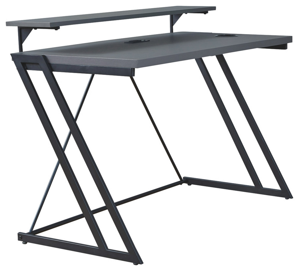 Wood and Metal Frame Office Desk with Z Shape Legs, Gray and Black