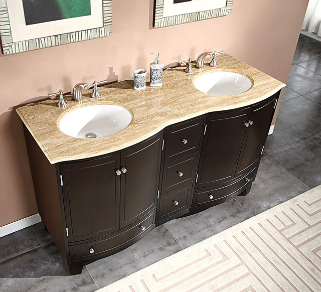 Silkroad Exclusive 60-inch Travertine Stone Top Bathroom Vanity Double Sink Cabi