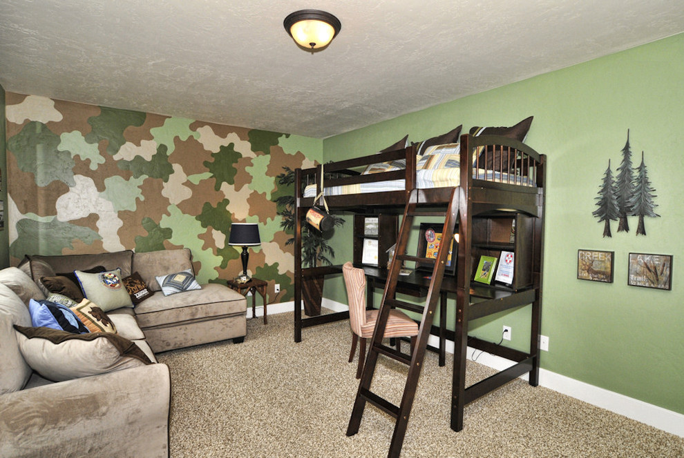 This is an example of a traditional kids' bedroom for kids 4-10 years old and boys in Boise with carpet and multi-coloured walls.