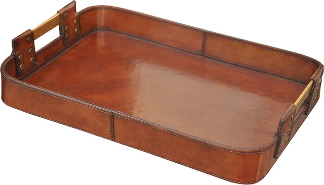 Brown Large Leather Tray With Brass Handles