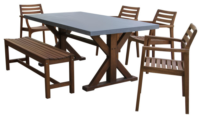 6 Piece Dining Set With Composite Concrete Top Backless Bench Stacking Chairs Transitional Outdoor Sets By Interiors Houzz Outdoor Dining Sets, Concrete Top Patio Table