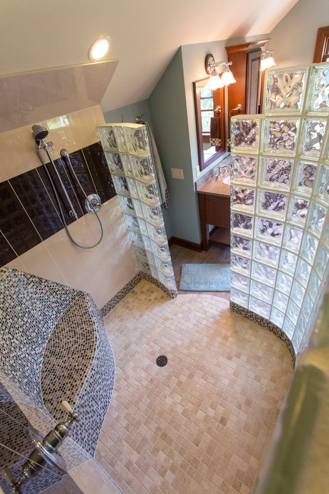 Example of a large mountain style master mosaic tile floor doorless shower design with blue walls