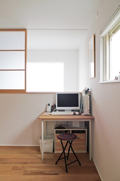 Photo of a scandinavian home office in Other with white walls, medium hardwood floors and no fireplace.