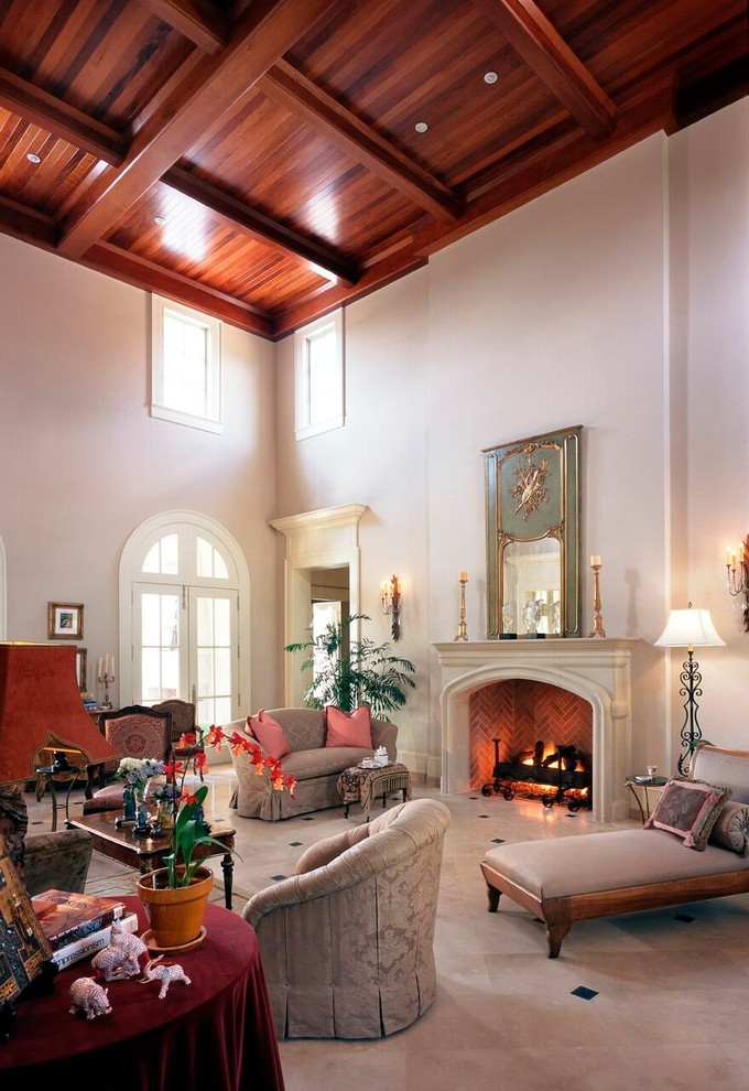 Inspiration for a large traditional formal open concept living room in Other with white walls, marble floors, a standard fireplace, a stone fireplace surround, no tv and beige floor.