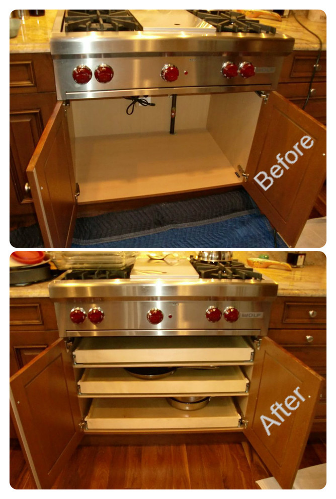 Pull Out Shelves Beneath a Wolf Rangetop