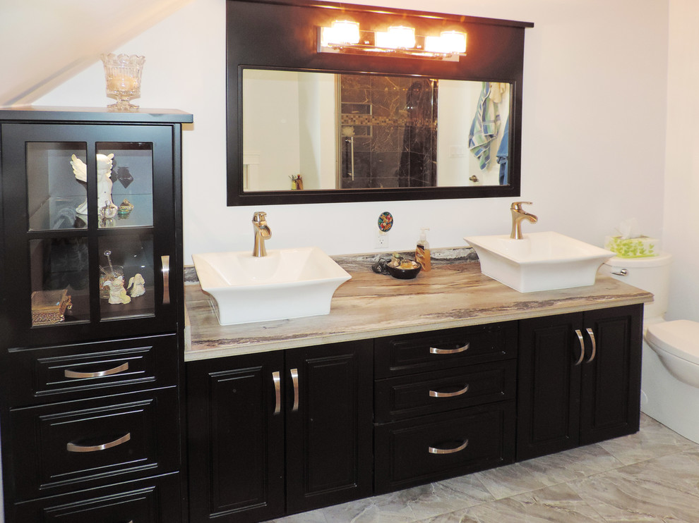 This is an example of a modern master bathroom in Other with raised-panel cabinets, brown cabinets, laminate benchtops and white walls.