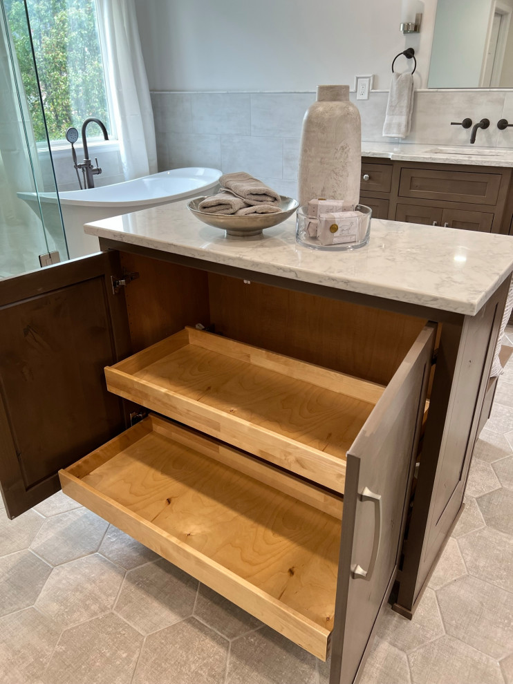 Example of a large transitional master gray tile porcelain tile and gray floor bathroom design in Cincinnati with white walls and white countertops