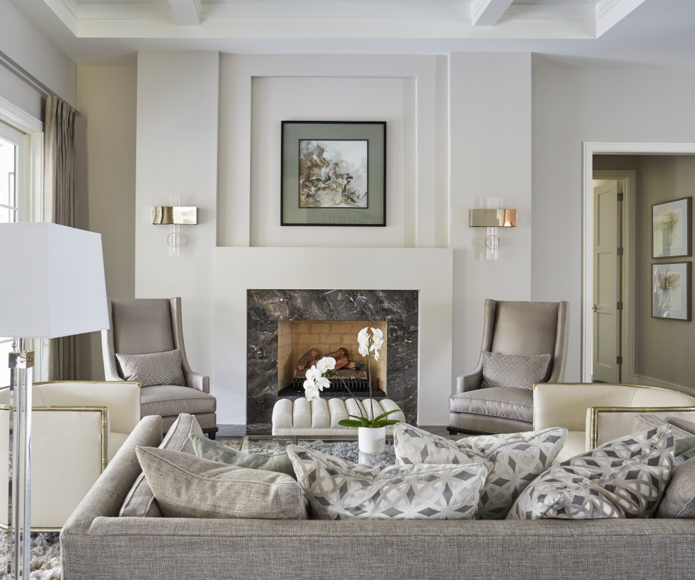 This is an example of a large transitional formal open concept living room in Chicago with grey walls, no tv, coffered, dark hardwood floors, a standard fireplace, a stone fireplace surround and brown floor.