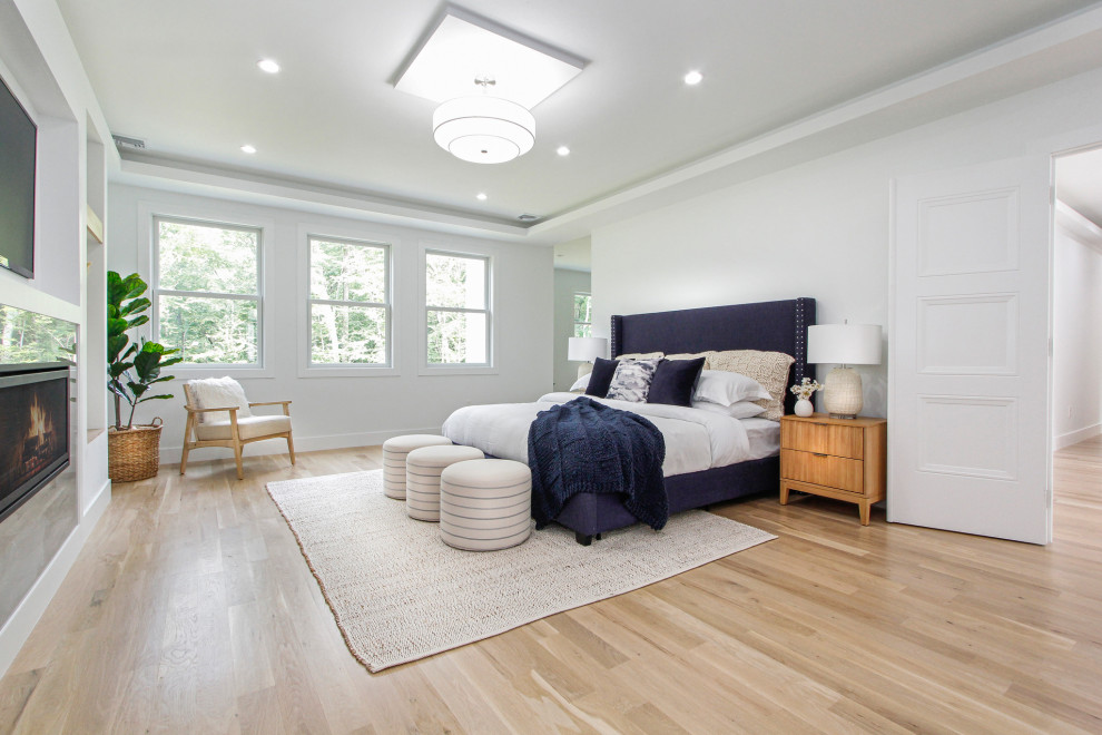 Mittelgroßes Modernes Hauptschlafzimmer mit weißer Wandfarbe, hellem Holzboden, Hängekamin und Kaminumrandung aus Stein in New York