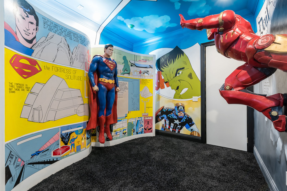 Large contemporary gender-neutral kids' room in Tampa with multi-coloured walls and carpet.