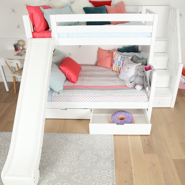 White Twin Over Full Bunk Bed With, Bunk Beds With Stairs And Slide Desk