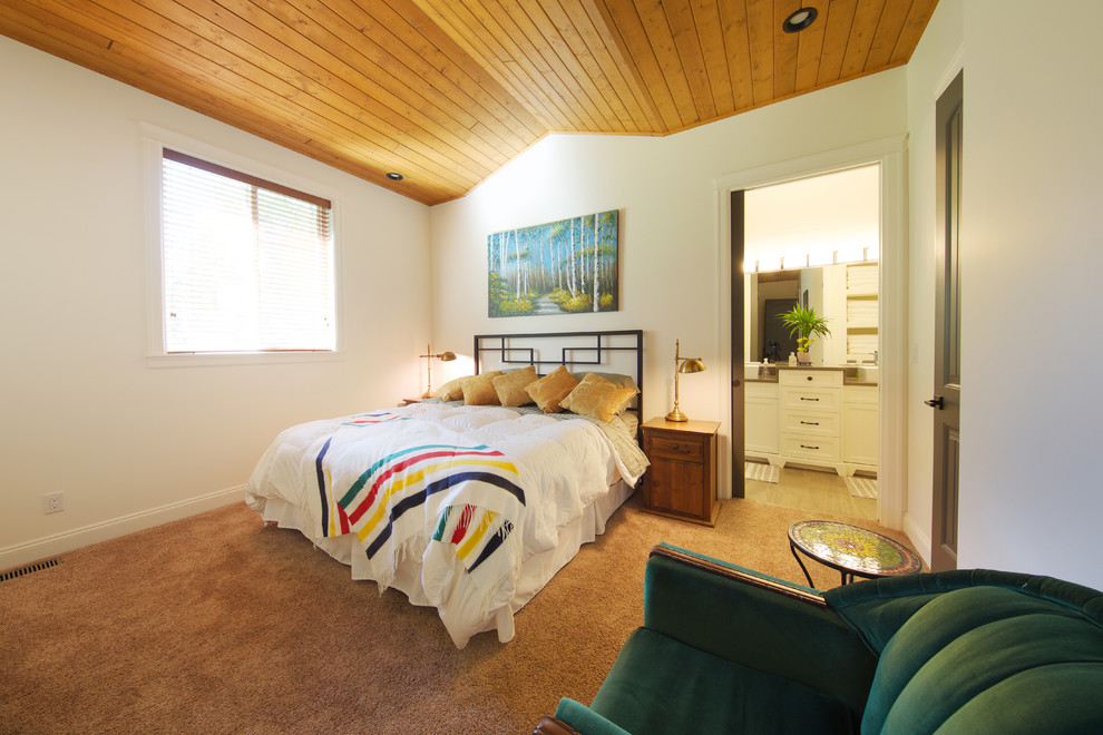Bedroom - mid-sized rustic master carpeted bedroom idea in Vancouver with white walls and no fireplace