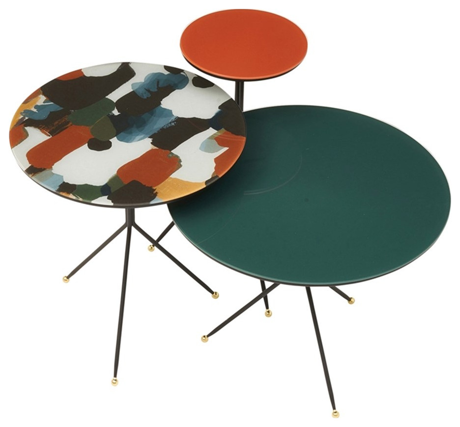 Enza Home Art 3-Piece Engineered Wood Coffee Table Set in Green & Orange