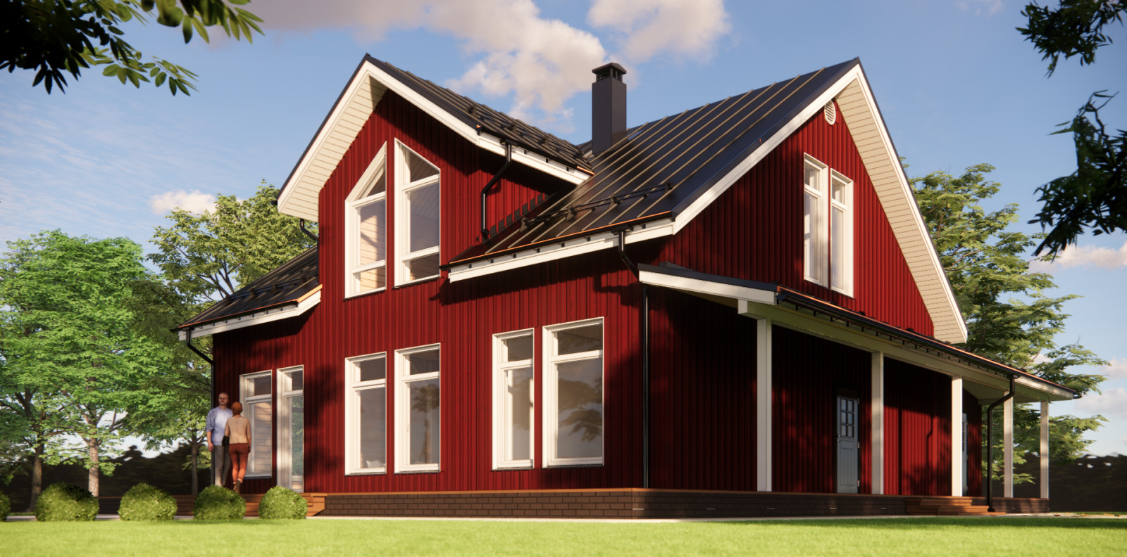 Деревянный фасад в красно-белой гамме