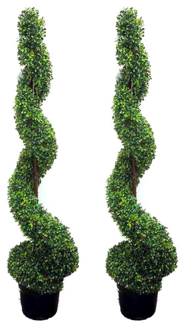 5 Feet Artificial Spiral Boxwood Topiary Plant Trees In Plastic Pot, Green, Set