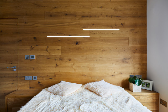 Wood Wall and Bed modern-bedroom