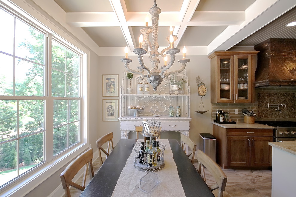Transitional medium tone wood floor open concept kitchen photo with an undermount sink, flat-panel cabinets, light wood cabinets, granite countertops, beige backsplash, ceramic backsplash, stainless steel appliances and two islands