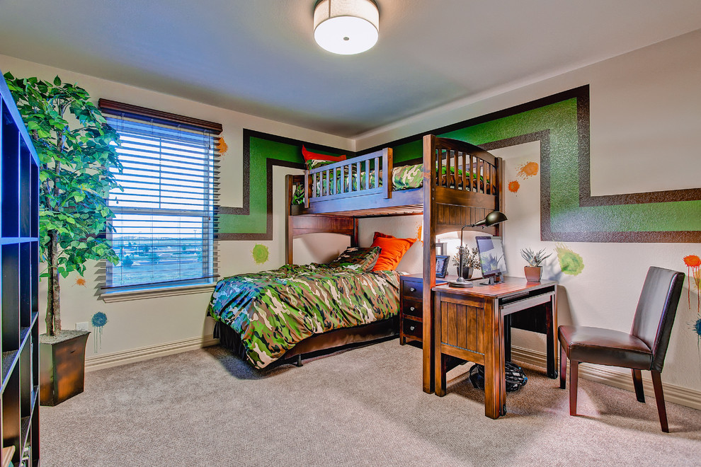 Inspiration for an eclectic kids' bedroom for kids 4-10 years old and boys in Denver with carpet and multi-coloured walls.