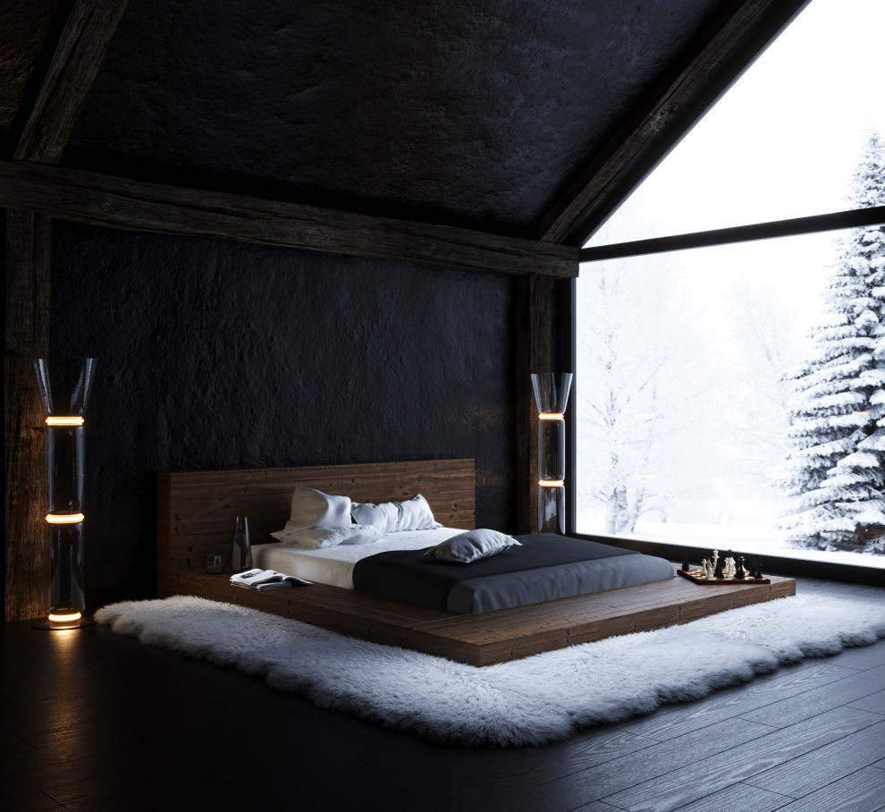 中くらいなコンテンポラリースタイルのおしゃれなロフト寝室 (黒い壁、濃色無垢フローリング、吊り下げ式暖炉、金属の暖炉まわり、黒い床、表し梁)