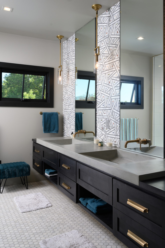 Design ideas for an industrial master bathroom in Other with black cabinets, concrete benchtops, a double vanity and a built-in vanity.