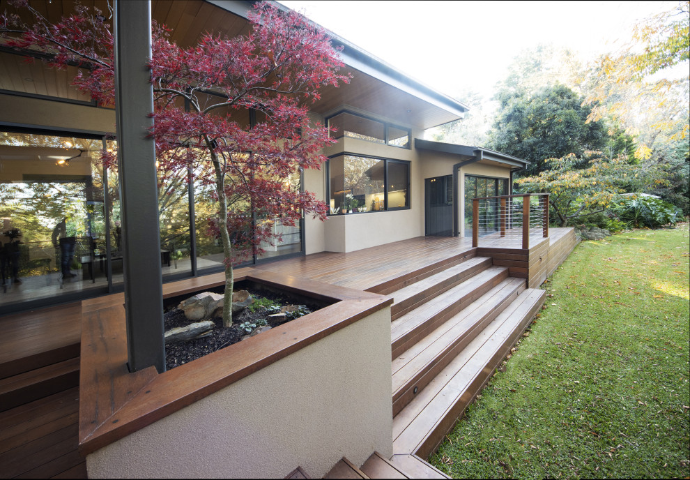 Inspiration for a large contemporary backyard patio in Melbourne with a container garden, decking and a pergola.