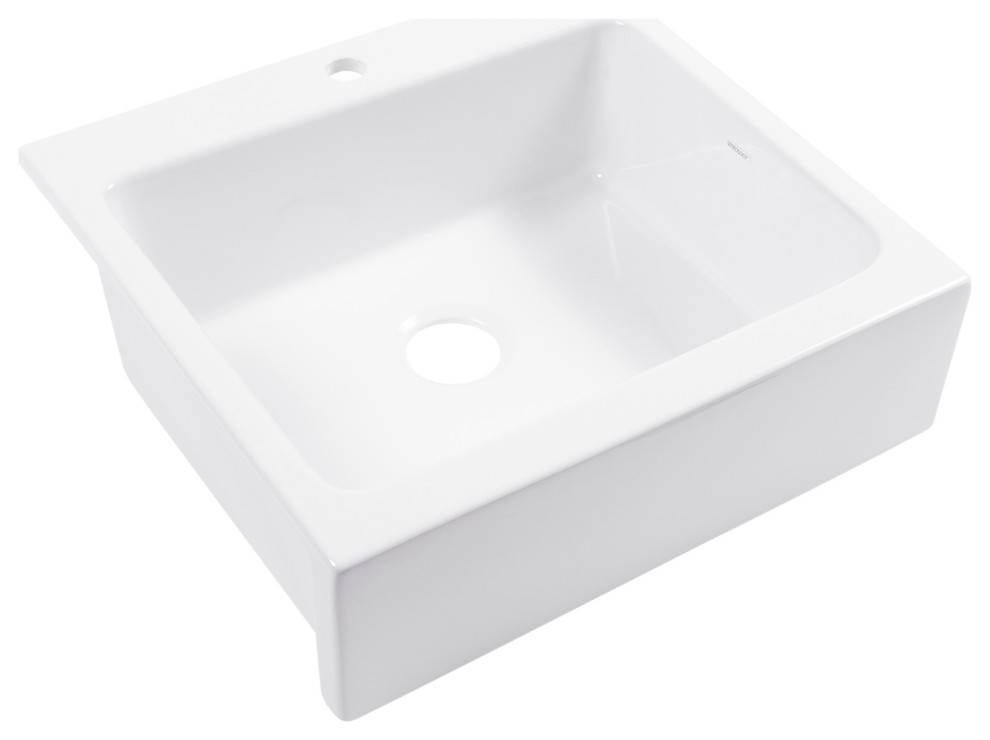 Parker White Fireclay 26" Single Bowl Quick-Fit Drop-In Kitchen Sink, 1 Hole
