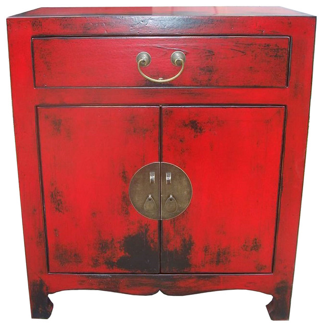Oriental Cabinet 2 Doors Shelf Drawer Red Lacquer Asian