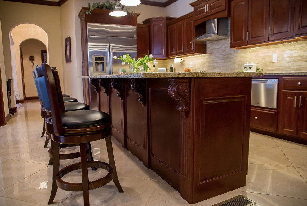 Open concept kitchen - large modern u-shaped porcelain tile and beige floor open concept kitchen idea with an undermount sink, raised-panel cabinets, dark wood cabinets, granite countertops, beige backsplash, matchstick tile backsplash, stainless steel appliances, an island and multicolored countertops