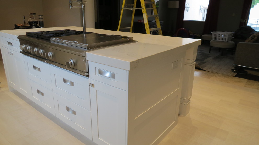 Enclosed kitchen - large transitional l-shaped light wood floor and beige floor enclosed kitchen idea with a double-bowl sink, shaker cabinets, white cabinets, marble countertops, blue backsplash, glass tile backsplash, stainless steel appliances and an island
