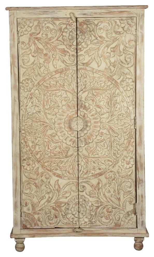 Sierra Handcarved Solid Wood Winter, Tall White Cabinet With Shelves