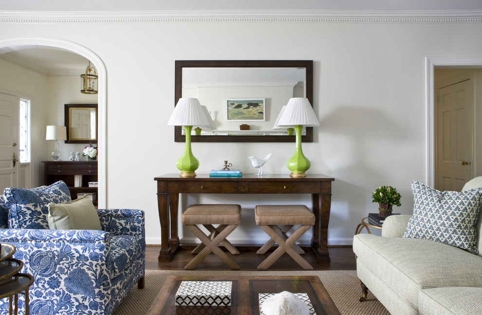 Inspiration for a traditional living room in DC Metro with white walls and dark hardwood floors.