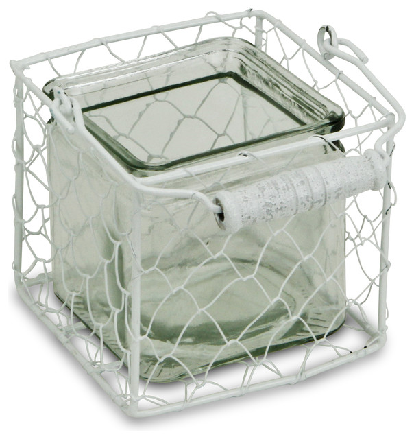 Laguna Wire Basket With Glass Jar White Large Contemporary