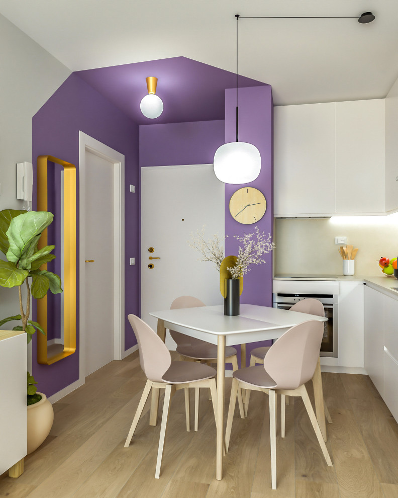 Inspiration pour un petit hall d'entrée design avec un mur violet, un sol en vinyl et une porte blanche.