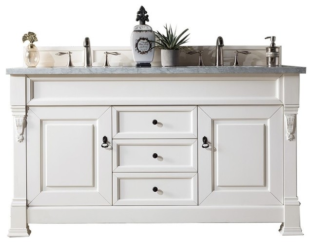 Brookfield 60 Double Cabinet Cottage White Transitional Wentworth Cottage White Double Vanity Carrara Marble Top 60