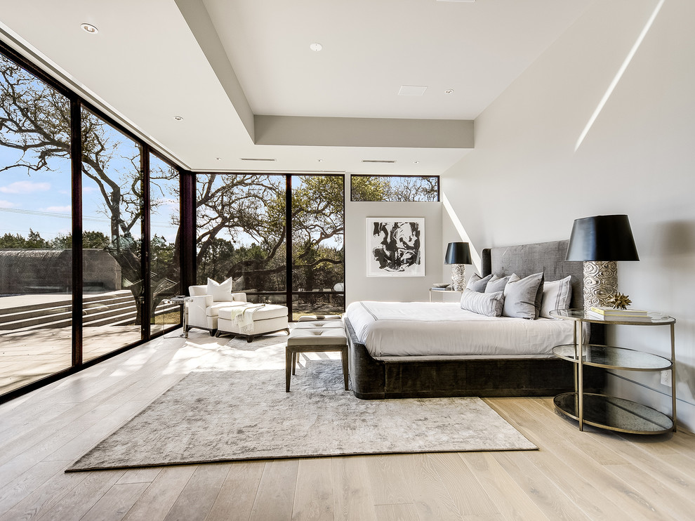 Photo of a contemporary bedroom in Austin with white walls, light hardwood floors and beige floor.