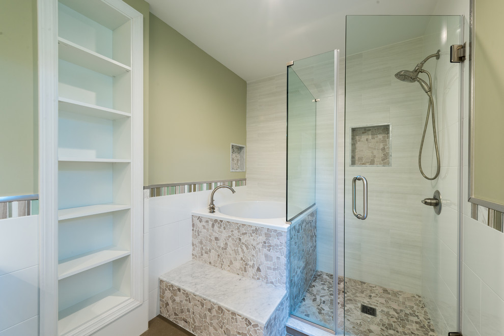 Photo of a large contemporary master bathroom in New York with a vessel sink, medium wood cabinets, solid surface benchtops, a japanese tub, an open shower, a two-piece toilet, ceramic tile, multi-coloured walls, porcelain floors, gray tile and white tile.