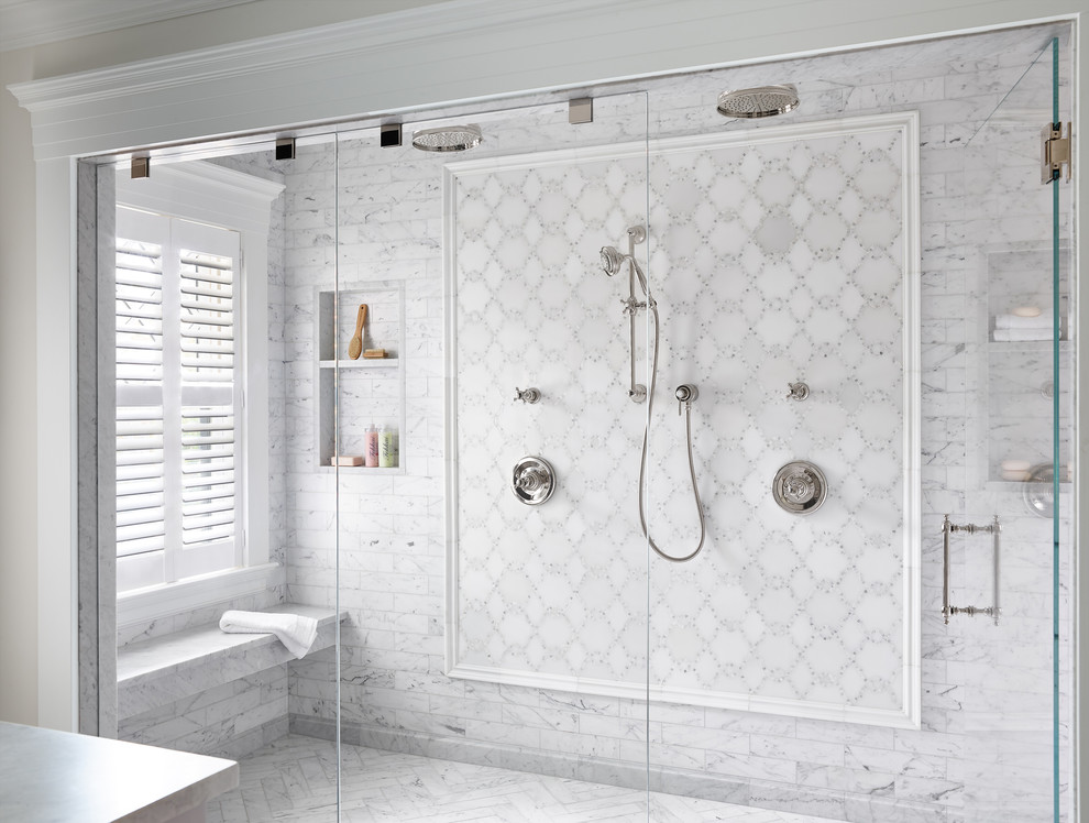 Design ideas for a large traditional master bathroom in Boston with shaker cabinets, grey cabinets, a double shower, a one-piece toilet, white tile, marble, white walls, marble floors, an undermount sink, marble benchtops, white floor, a hinged shower door and white benchtops.