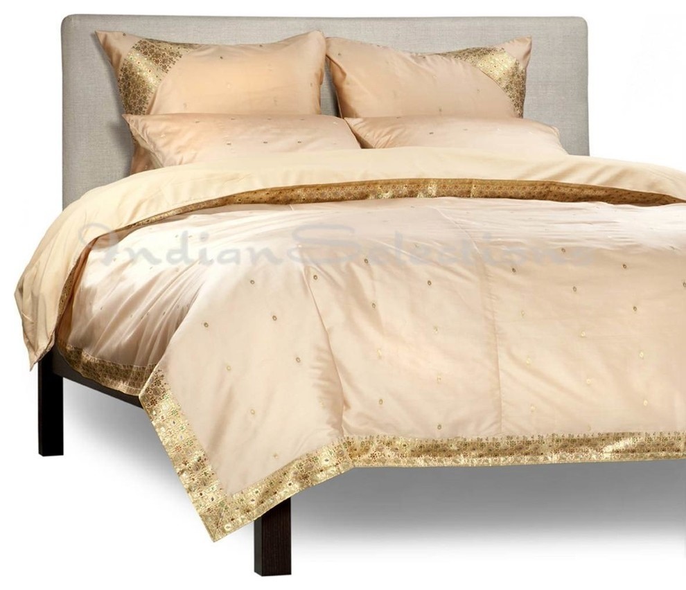 Gold-5 Piece Handmade Sari Duvet Cover Set with Pillow Covers  Euro Sham-King