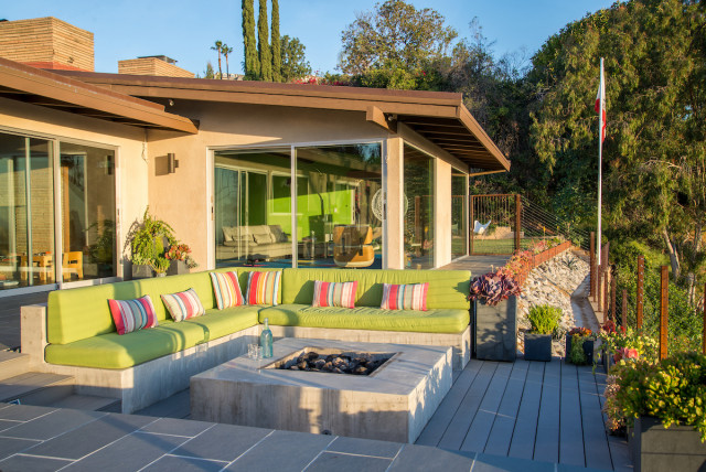 Custom outdoor seating area with concrete fire fit Contemporary Los Angeles by June Scott Design Houzz