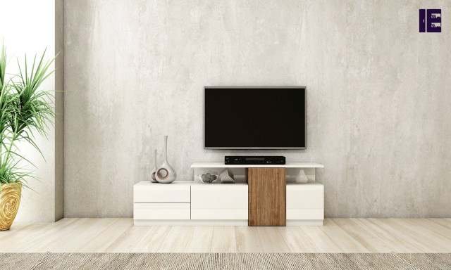 Floor TV Units in Alpine White Dark Select Walnut | Inspired Elements -  Modern - Home Theater - London - by Inspired Elements Ltd | Houzz