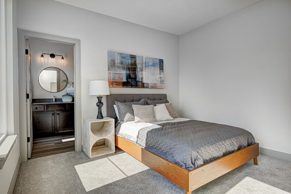 Design ideas for a medium sized contemporary guest bedroom in Indianapolis with carpet, no fireplace, white walls and grey floors.