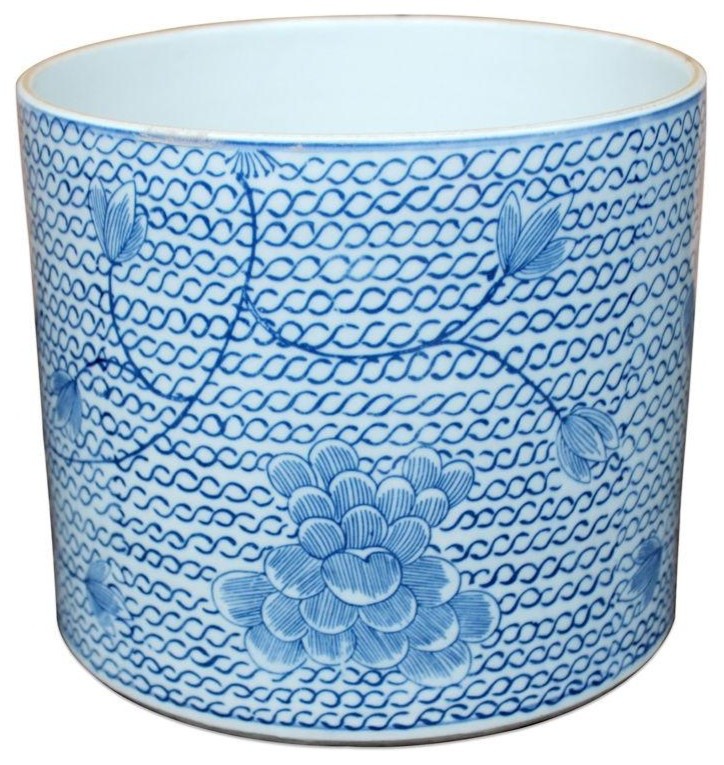 Blue and White Porcelain Chain Lotus Flower Pot, 6.5"